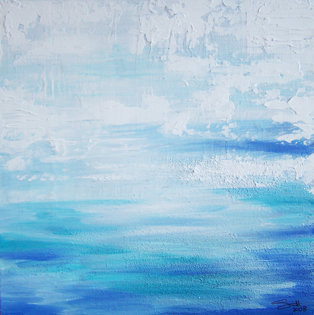 Artwork using blue and white that looks like sky and water